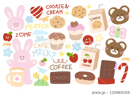 Illustrations of chocolate bar, cookie, cherry juice, candy cane, coffee, donut, cupcake, teddy bear, bunny, milk, flower for sweet dessert, grocery shopping, Chocolate's Day, snack, baking, menu 120968109