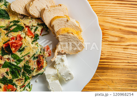 Delicious healthy hot breakfast, omelet with tomatoes and spinach chicken cheese 120968254