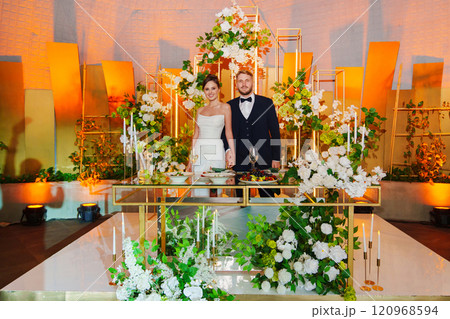 The bride and groom listen to congratulations and toasts from guests The bride and groom listen to congratulations and toasts from guests 120968594