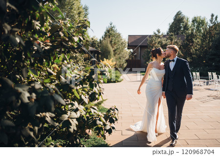 Beautiful and in love bride and groom on a walk in the autumn park 120968704