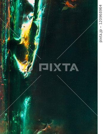 Distressed foil. Old film overlay. Green orange white color reflect light flare defect dust scratches metallic effect weathered creased surface texture dark illustration art abstract background. 120968964