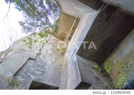 千葉県の鋸山、頭上を覆うラピュタの壁直下の岩壁 120969090