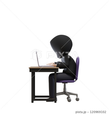 3DCG｜暗い部屋でパソコンに夢中になっているフードをかぶった怪しい人物 120969102