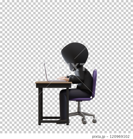 3DCG｜暗い部屋でパソコンに夢中になっているフードをかぶった怪しい人物 120969102