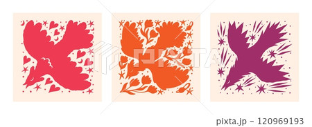 Scandinavian bird. Simple folkart details. Swedish or Slavic folk animal art. Retro summer flowers and flying animals. Norway color sparrow. Folklore motif. Vector doodle songbirds set Scandinavian bird. Simple folkart details. Swedish or Slavic folk animal art. Retro summer flowers and flying animals. Norway color sparrow. Folklore motif. Vector doodle songbirds set 120969193