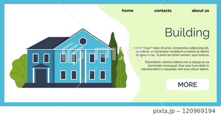 Realtor agency landing page. Real estate website design template. Residential building construction. Residence rent. Property selling. Rental mansion. Mortgage debt. Vector background 120969194