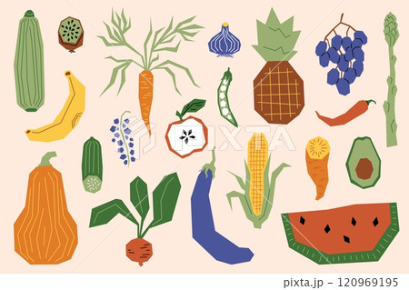 Doodle fruits. Hand drawn food carrot, tomato and apple, pumpkin harvest and watermelon, grape and pineapple. Vegan cooking icon. Cute organic geometric graphics. Vector flat isolated set 120969195