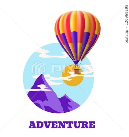 Hot air balloon. Time to travel. Nature landscape. Wild rock valley. Mountain peaks scenery. Aerial transportation. Sky vehicle. Ballooning flight. Summer tourism. Journey vector banner Hot air balloon. Time to travel. Nature landscape. Wild rock valley. Mountain peaks scenery. Aerial transportation. Sky vehicle. Ballooning flight. Summer tourism. Journey vector banner 120969198