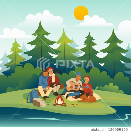 Family picnic. Nature landscape. Scenic wild forest and river water. Green fir trees. Summer vacation. Hiking adventure. People sitting around bonfire Natural park campsite. Vector concept Family picnic. Nature landscape. Scenic wild forest and river water. Green fir trees. Summer vacation. Hiking adventure. People sitting around bonfire Natural park campsite. Vector concept 120969199