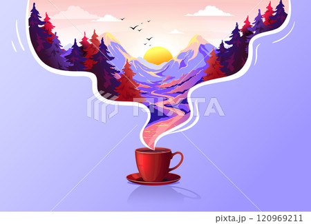 Morning coffee. Breakfast tea cup. Creative mountain in aroma steam. Wild nature panorama. Mug with saucer. Forest sunrise. Hot drink vapor cloud. River landscape. Vector background 120969211