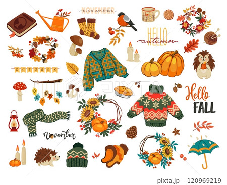 Cute autumn. Hello fall season holiday. Pumpkin October harvest Rain umbrella. November warm knitted sweater. Autumnal leaves. Hedgehog and bullfinch. Forest mushroom. Vector seasonal set 120969219