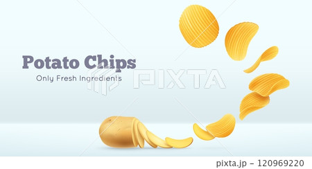 Wavy chips. Fly potato snack, turning in ripple yellow crisps. 3d floating cookie slice, salty fast food. Advertising product banner template with copy space. Vector realistic illustration 120969220