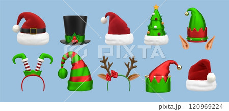 Elf ear. Christmas reindeer headband, 3d Santa costume with red nose and Xmas elves cap. Render cartoon isolated carnival costume elements. Xmas party, winter holiday. Vector headwear set 120969224