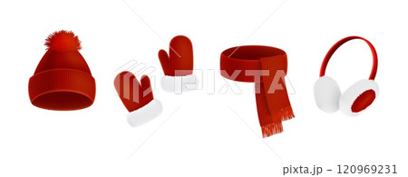 Winter scarf. 3D hat and knit glove. Wool cloth. Mitten and cap for cold Christmas snow weather. Pompom wear. Cozy garment. Warm accessories. Fluffy headband. Vector isolated elements set 120969231
