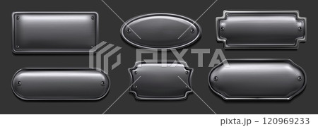 Iron plate. Metal silver plaque frame. Steel chrome texture for emblem and logo. Stainless tag shapes. Blank aluminum nameplate attached with rivets. Vector metallic surface signs set Iron plate. Metal silver plaque frame. Steel chrome texture for emblem and logo. Stainless tag shapes. Blank aluminum nameplate attached with rivets. Vector metallic surface signs set 120969233