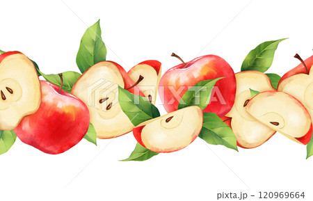 Hand-drawn pattern, seamless fruit border of red apples and leaves. 120969664