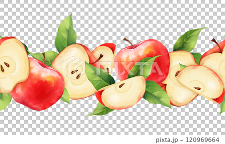 Hand-drawn pattern, seamless fruit border of red apples and leaves. 120969664