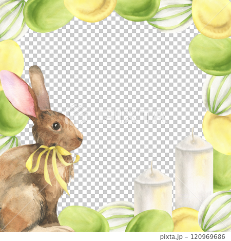 Happy Easter festive frame with brown bunny, white candles and colorful eggs watercolor template. Square banner with springtime festive elements for packing,poster,invitation design 120969686