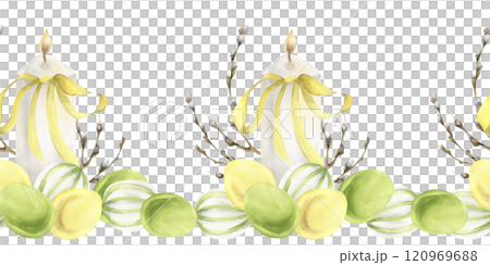 Spring Easter floral seamless border with white candles and colorful eggs decorated with willow branches watercolor illustration.Religious banner, traditional symbol for textile,fabric, packing design Spring Easter floral seamless border with white candles and colorful eggs decorated with willow branches watercolor illustration.Religious banner, traditional symbol for textile,fabric, packing design 120969688
