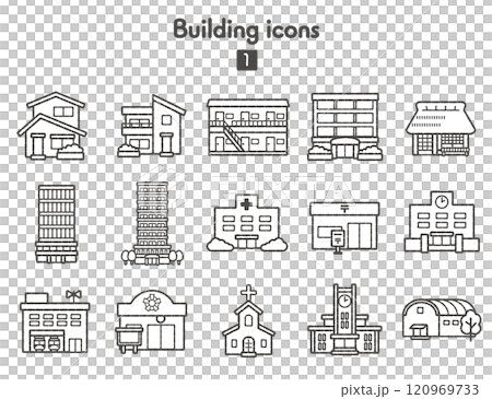 住居や公共施設などの建物のアイコン集1 モノクロ 120969733