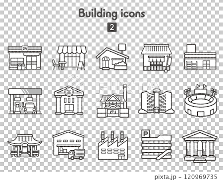 Icon collection 2 of buildings such as stores and large facilities, monochrome 120969735