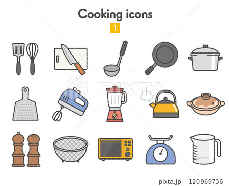 料理に使う調理器具のアイコン集 カラー 120969736