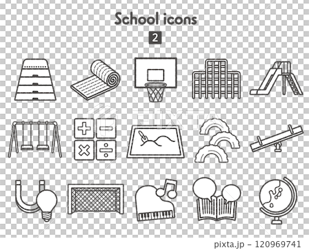 Collection of school-related icons, including playground equipment and subjects, monochrome Collection of school-related icons, including playground equipment and subjects, monochrome 120969741