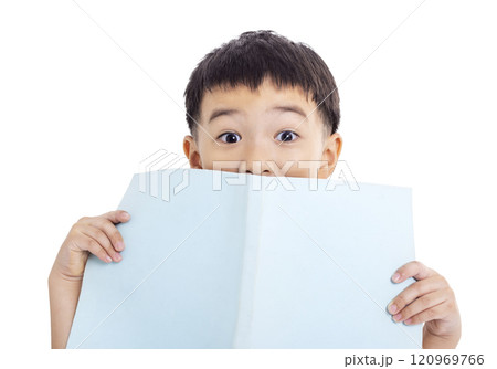 Surprised Boy holding book and Expressing Shock isolated on white 120969766