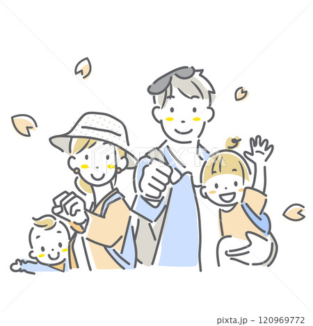 お出かけにワクワクする4人家族　シンプルでお洒落な線画イラスト 120969772