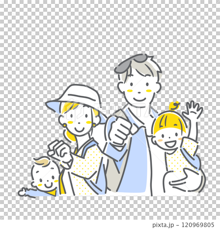 A family of four excited about going out - simple and stylish line drawing illustration 120969805