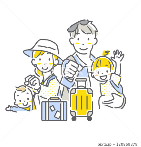 お出かけにワクワクする4人家族　シンプルでお洒落な線画イラスト 120969879