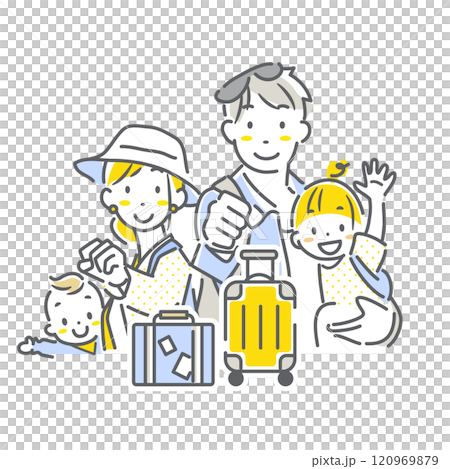 お出かけにワクワクする4人家族　シンプルでお洒落な線画イラスト 120969879