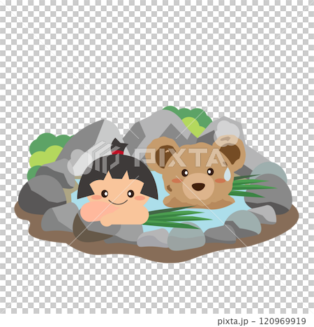 Illustration of Kintaro and a teddy bear taking a bath in an open-air iris bath 120969919