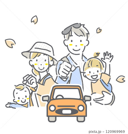 ドライブにワクワクする4人家族　シンプルでお洒落な線画イラスト 120969969