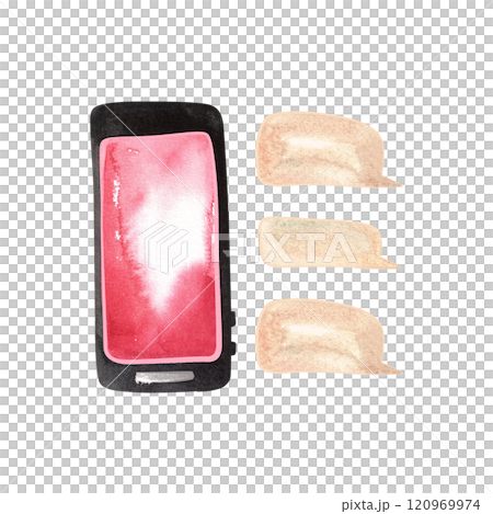 Pink smartphone with blank screen. Message bubbles. Isolated watercolor illustration for postcard, sticker, notebook, t-shirt. Pink smartphone with blank screen. Message bubbles. Isolated watercolor illustration for postcard, sticker, notebook, t-shirt. 120969974