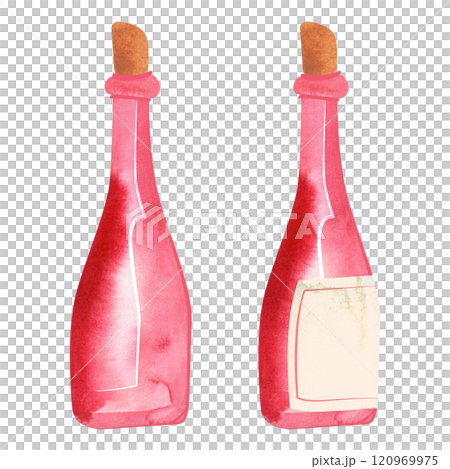 Two pink glass bottles of wine or martini. Alcohol bottle with blank label. Template. Feminine, girlish drink. Isolated watercolor illustration. Two pink glass bottles of wine or martini. Alcohol bottle with blank label. Template. Feminine, girlish drink. Isolated watercolor illustration. 120969975