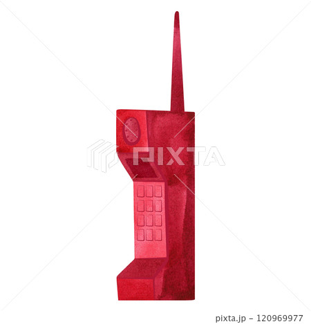 Old mobile phone with antenna and buttons. 90s romcom aesthetics. Isolated watercolor illustration for postcard, sticker, notebook, t-shirt. Old mobile phone with antenna and buttons. 90s romcom aesthetics. Isolated watercolor illustration for postcard, sticker, notebook, t-shirt. 120969977