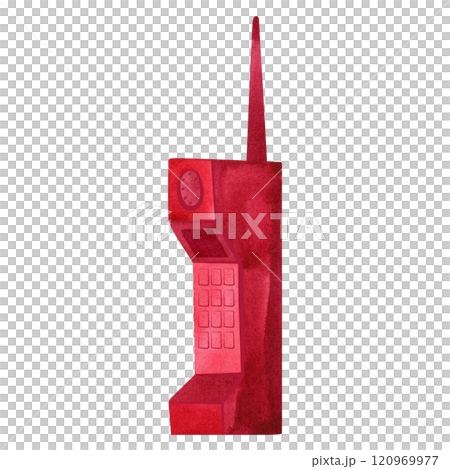 Old mobile phone with antenna and buttons. 90s romcom aesthetics. Isolated watercolor illustration for postcard, sticker, notebook, t-shirt. Old mobile phone with antenna and buttons. 90s romcom aesthetics. Isolated watercolor illustration for postcard, sticker, notebook, t-shirt. 120969977