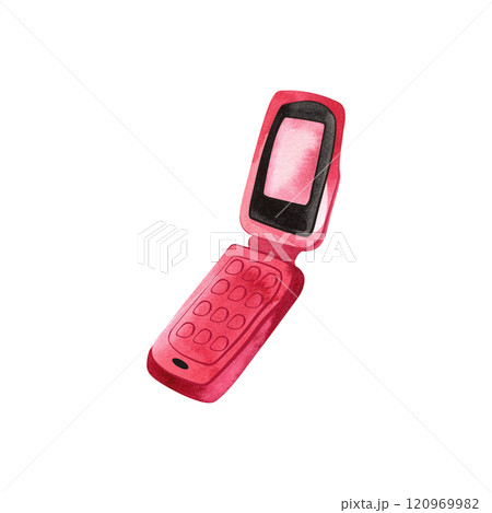 Pink glamorous women's mobile phone flip phone. 2000s aesthetics. Isolated watercolor illustration for postcard, sticker, notebook, t-shirt. Pink glamorous women's mobile phone flip phone. 2000s aesthetics. Isolated watercolor illustration for postcard, sticker, notebook, t-shirt. 120969982