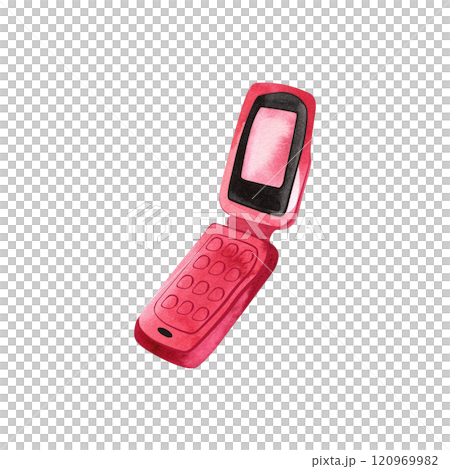 Pink glamorous women's mobile phone flip phone. 2000s aesthetics. Isolated watercolor illustration for postcard, sticker, notebook, t-shirt. Pink glamorous women's mobile phone flip phone. 2000s aesthetics. Isolated watercolor illustration for postcard, sticker, notebook, t-shirt. 120969982