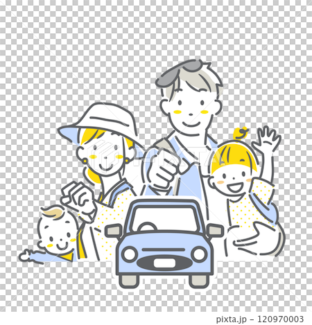 ドライブにワクワクする4人家族　シンプルでお洒落な線画イラスト 120970003
