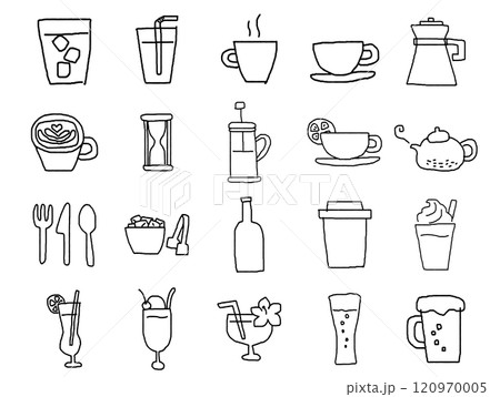 飲み物関連のゆるい手描きアイコンのセット_黒アウトライン 120970005