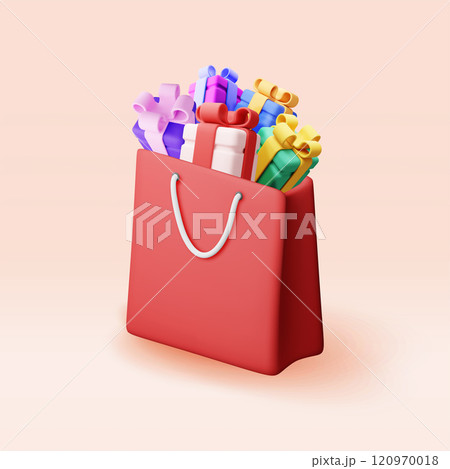 3D shopping bag with gift boxes isolated 120970018