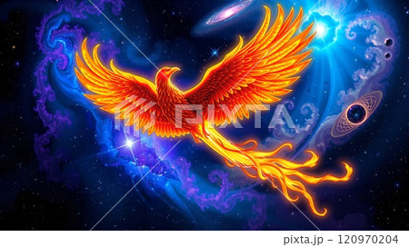 宇宙に羽ばたく黄金の鳳凰をイメージした背景のイラスト素材