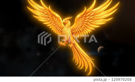 輝く光の中で羽ばたく美しい鳳凰 輝く光の中で羽ばたく美しい鳳凰 120970208