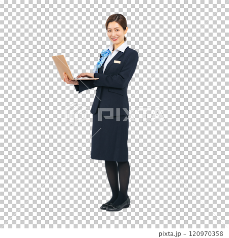 Full-body photo of a woman in the service industry using a laptop 120970358