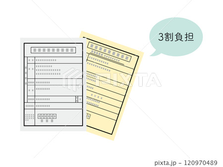 介護保険被保険者証と介護保険負担割合証イメージと3割負担の吹き出し 介護保険被保険者証と介護保険負担割合証イメージと3割負担の吹き出し 120970489
