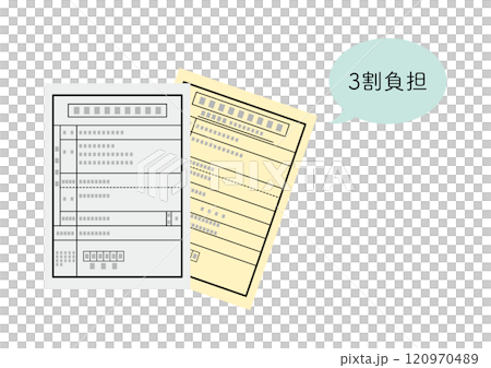 介護保険被保険者証と介護保険負担割合証イメージと3割負担の吹き出し 介護保険被保険者証と介護保険負担割合証イメージと3割負担の吹き出し 120970489