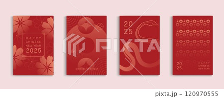 Chinese new year 2025 modern art design set in red gold background. Lunar new year 2025 for cover, card, poster website, calendar and banner. symbol of of the snake. vector design. Chinese new year 2025 modern art design set in red gold background. Lunar new year 2025 for cover, card, poster website, calendar and banner. symbol of of the snake. vector design. 120970555