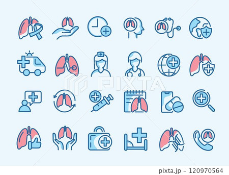 Health care and medical about lungs icon set. concept of lung disease treatment for hospital, health care, emergency, doctor, diagnosis, report, illness, ambulance and more. vector design. Health care and medical about lungs icon set. concept of lung disease treatment for hospital, health care, emergency, doctor, diagnosis, report, illness, ambulance and more. vector design. 120970564